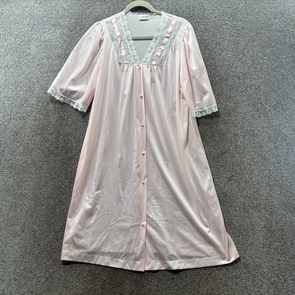 Vintage Lorraine Pink Nylon Nightgown Robe Lace Floral Pearl Button Medium USA